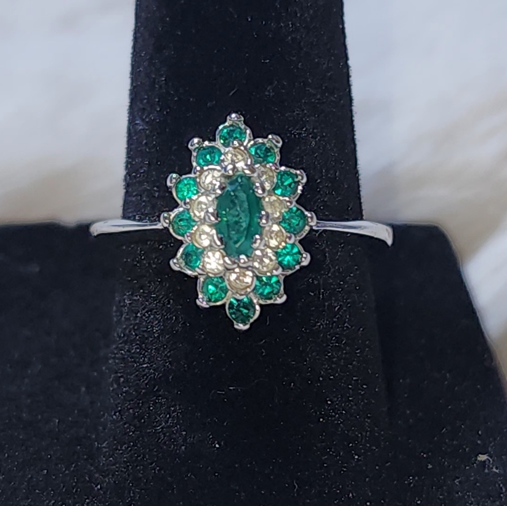 Vintage Faux Emerald and Diamond 18K HGE Cocktail Ring Size 7